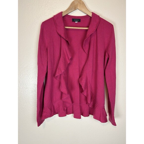 Forte 100% Cashmere M Sweater Cardigan Pink Ruffle Neck Open Front Knit - Picture 1 of 3